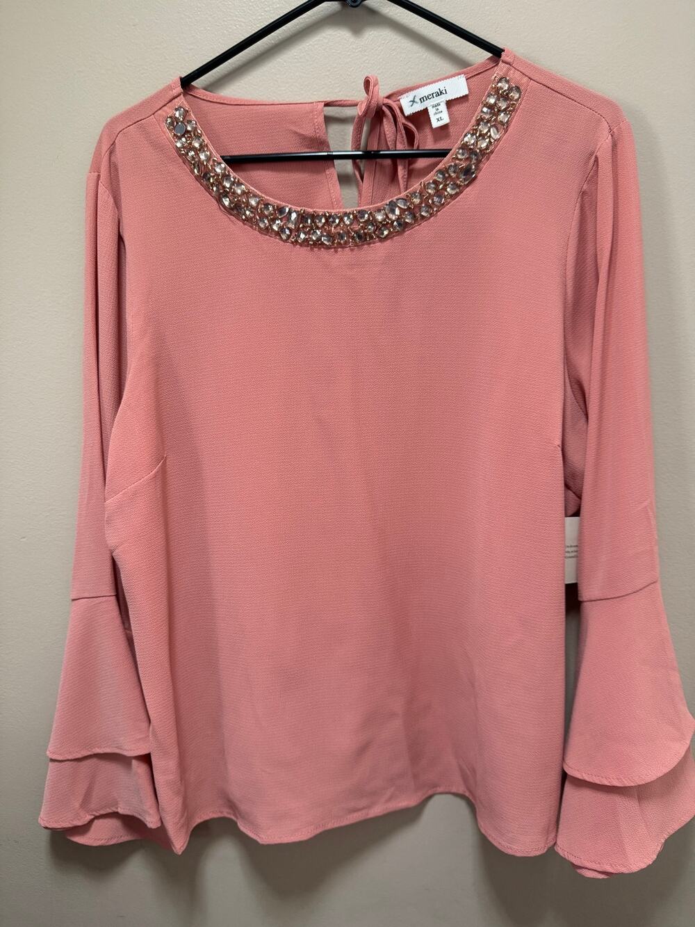 Meraki Women’s Plus (XL) Blouse Rose Pink Rhinestone Neck Detail Long Sleeve